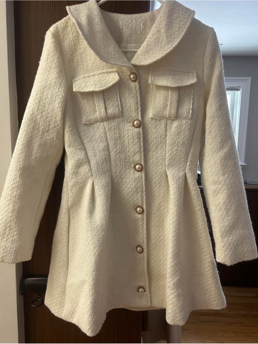 Cream Tweed Bouclé Button-Front Dress Coat